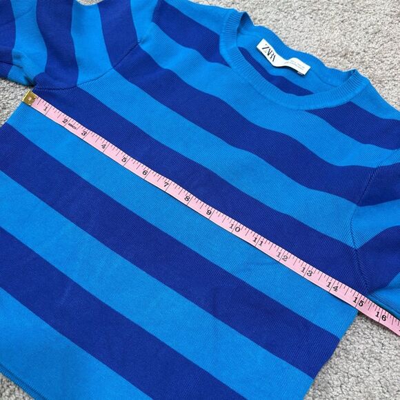 ZARA Blue Striped Long Sleeve Cropped Sweater Top Size L - Picture 8 of 12